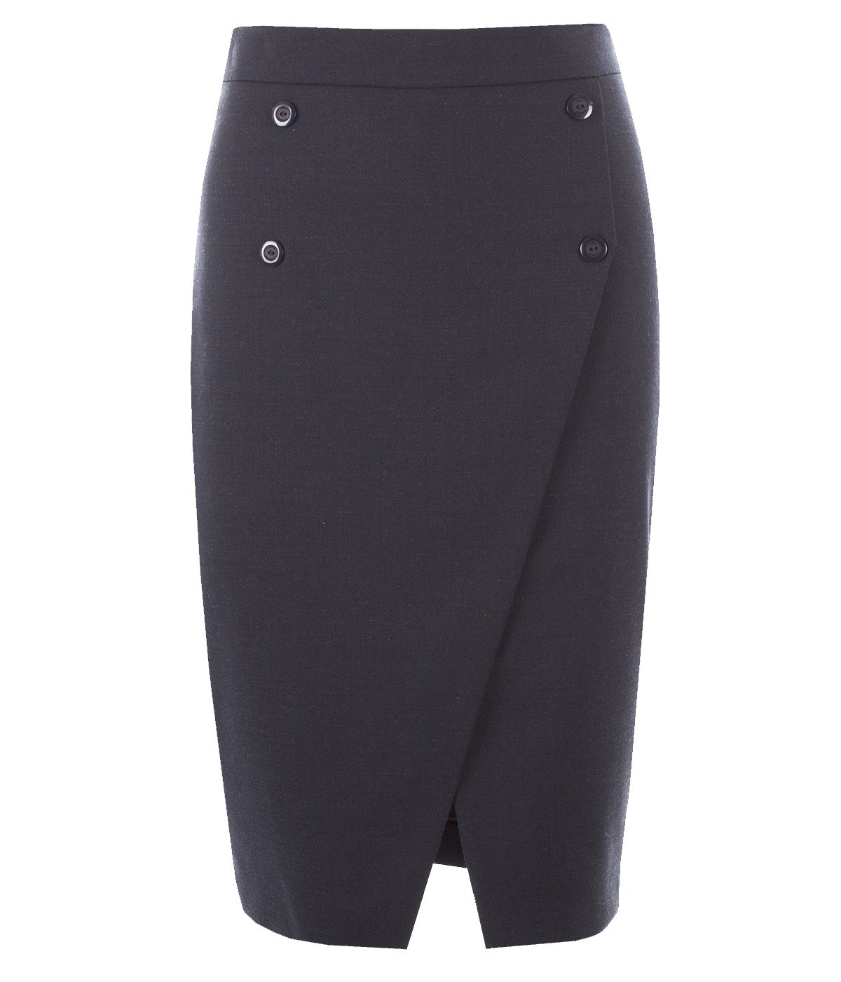 Pencil skirt with diagonal front slit and 4 decorative buttons, with wool in the composition 0